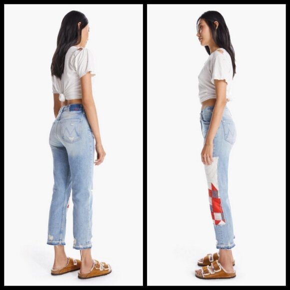 💕MOTHER💕  Patchwork Tomcat Ankle Undone Hem Jean High Rise New Hobbies 24 NWT - Picture 6 of 17
